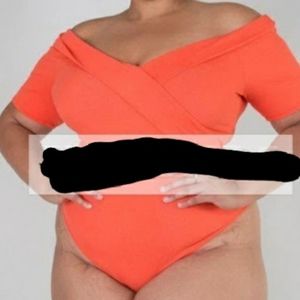 Plus size yellow rib off the shoulder body suit